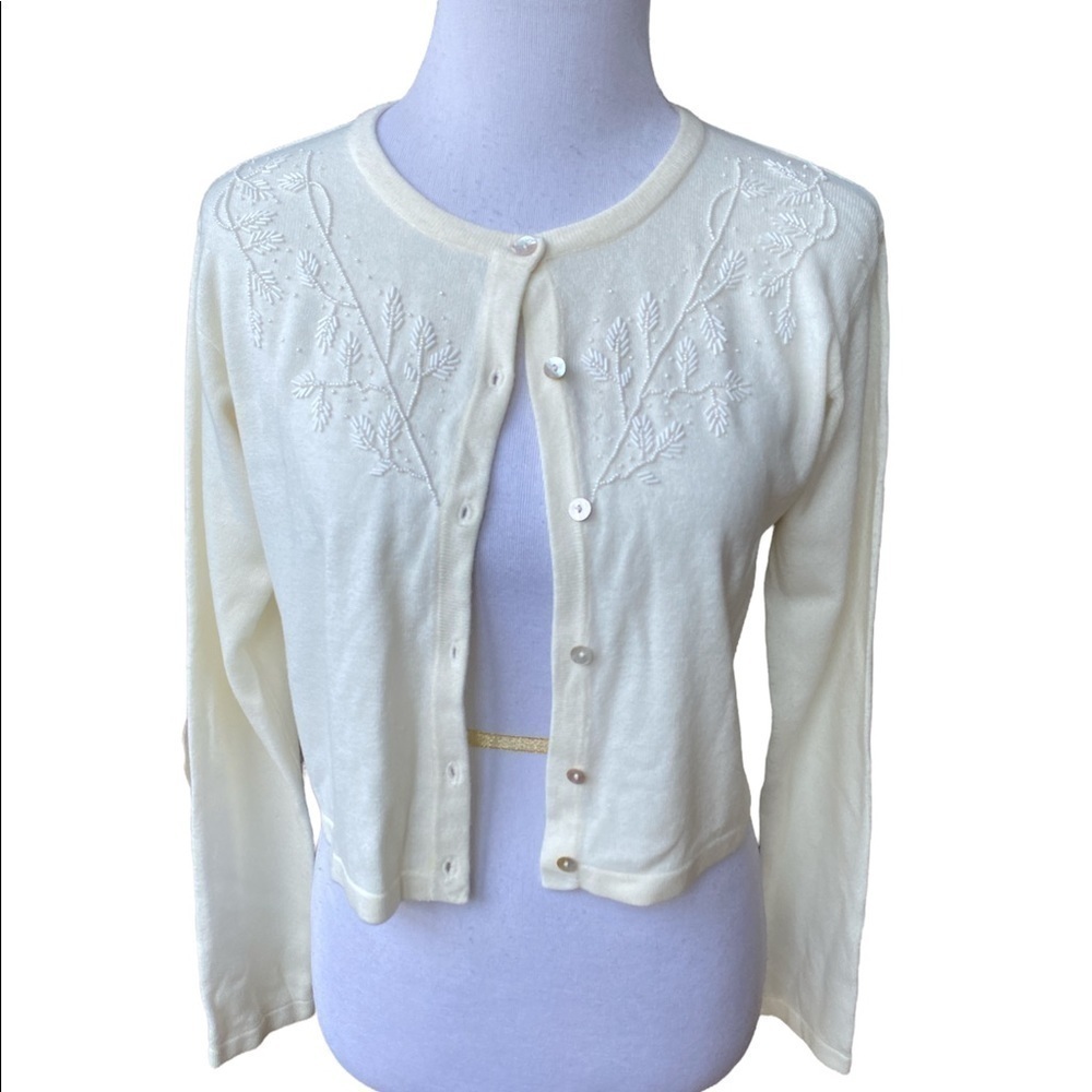 Vintage Reference Point Cream Color Beaded Sweater with Mother of Pearl Buttons